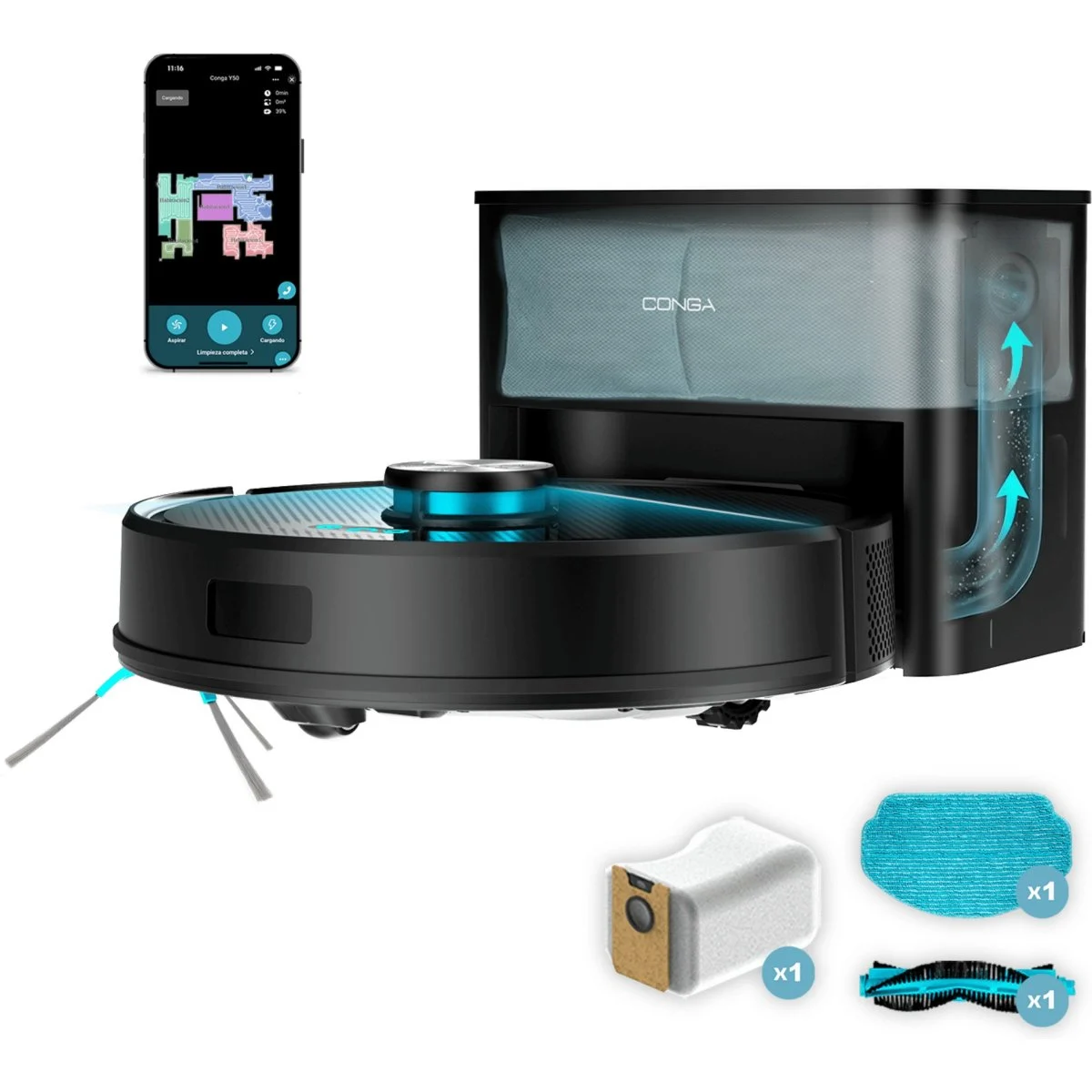 Robot Aspirador Cecotec Conga Y50 5000 Pa APP Wifi Base Autovaciado