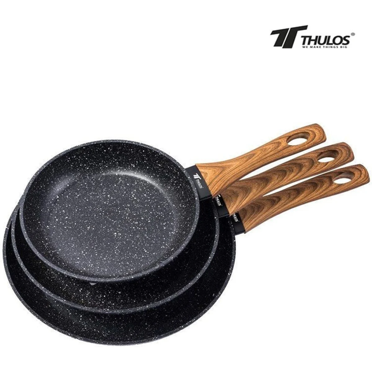 Set 3 Sartenes Thulos 20+24+28 Granito Roma Mango Madera