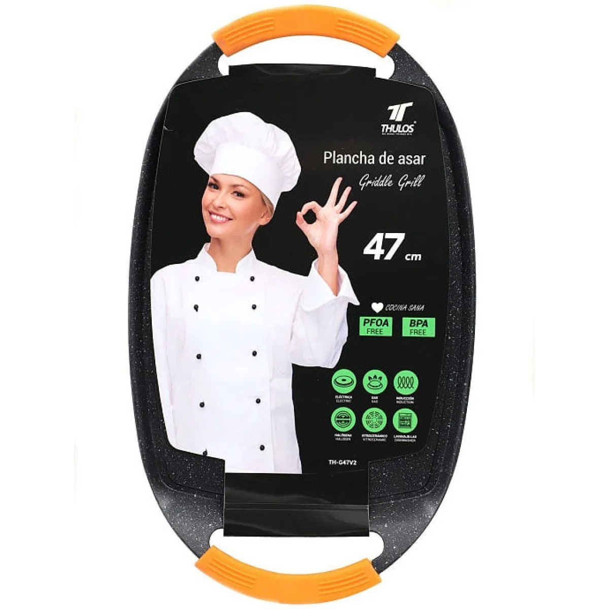 Plancha Asar Thulos Royal 47 cm Negra Asa Naranja