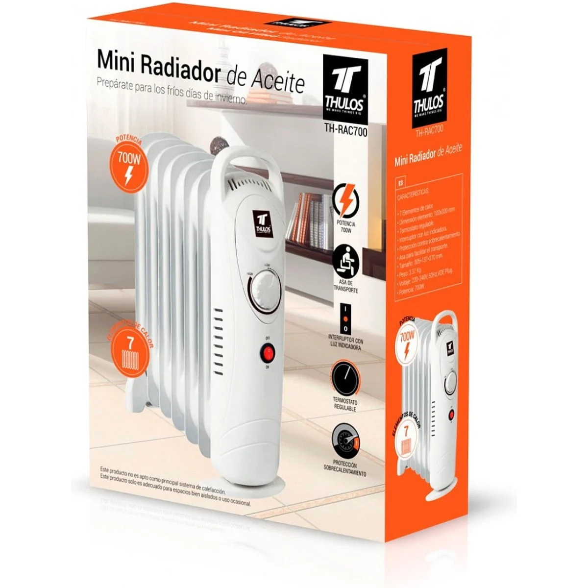 Mini Radiador Thulos 7 Element 700W Clase A Portátil