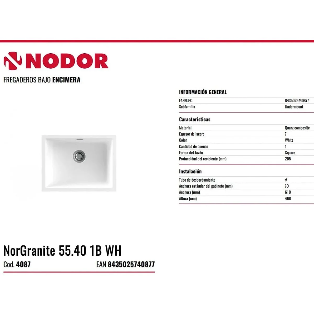 Fregadero Nodor Granito Sobre/Bajo 1 Seno 55x40 Blanco