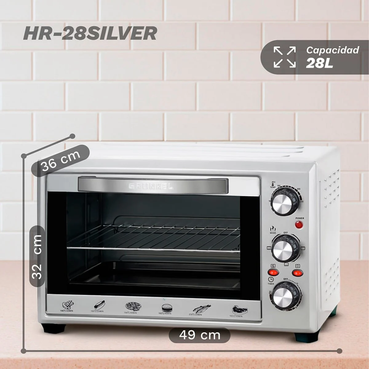 Horno eléctrico Grunkel HR-28SILVER 28 L 1600 W Convección Plata