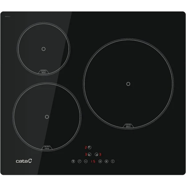 Encimera de inducción Cata IB6303E2BK con 3 fuegos en color negro.