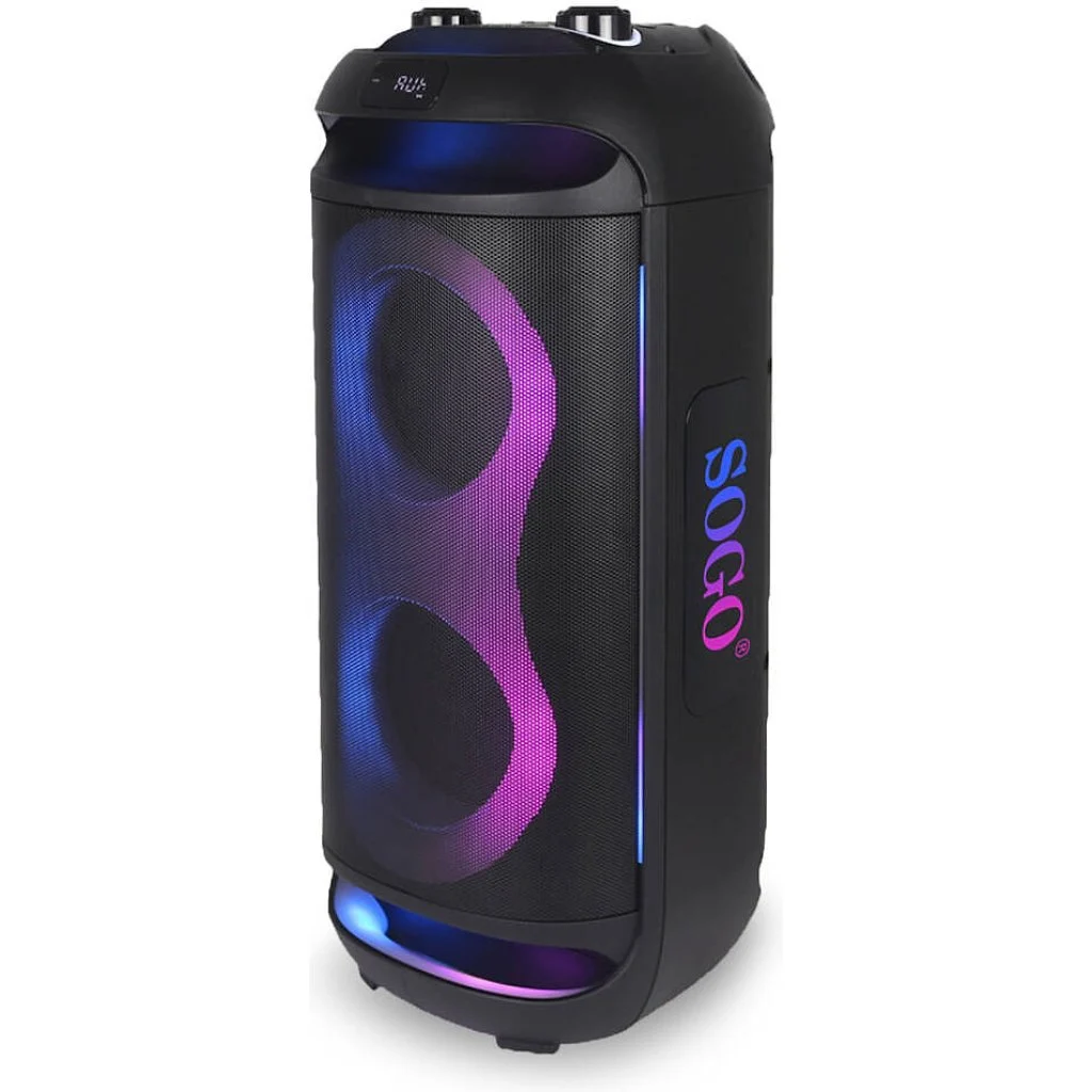 Altavoz Sogo Bluetooth de torre con luces LED en color negro.