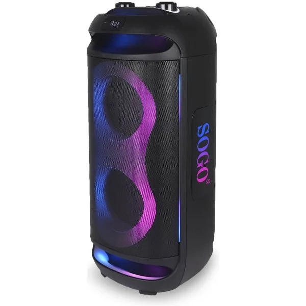 Altavoz Sogo Bluetooth de torre con luces LED en color negro.