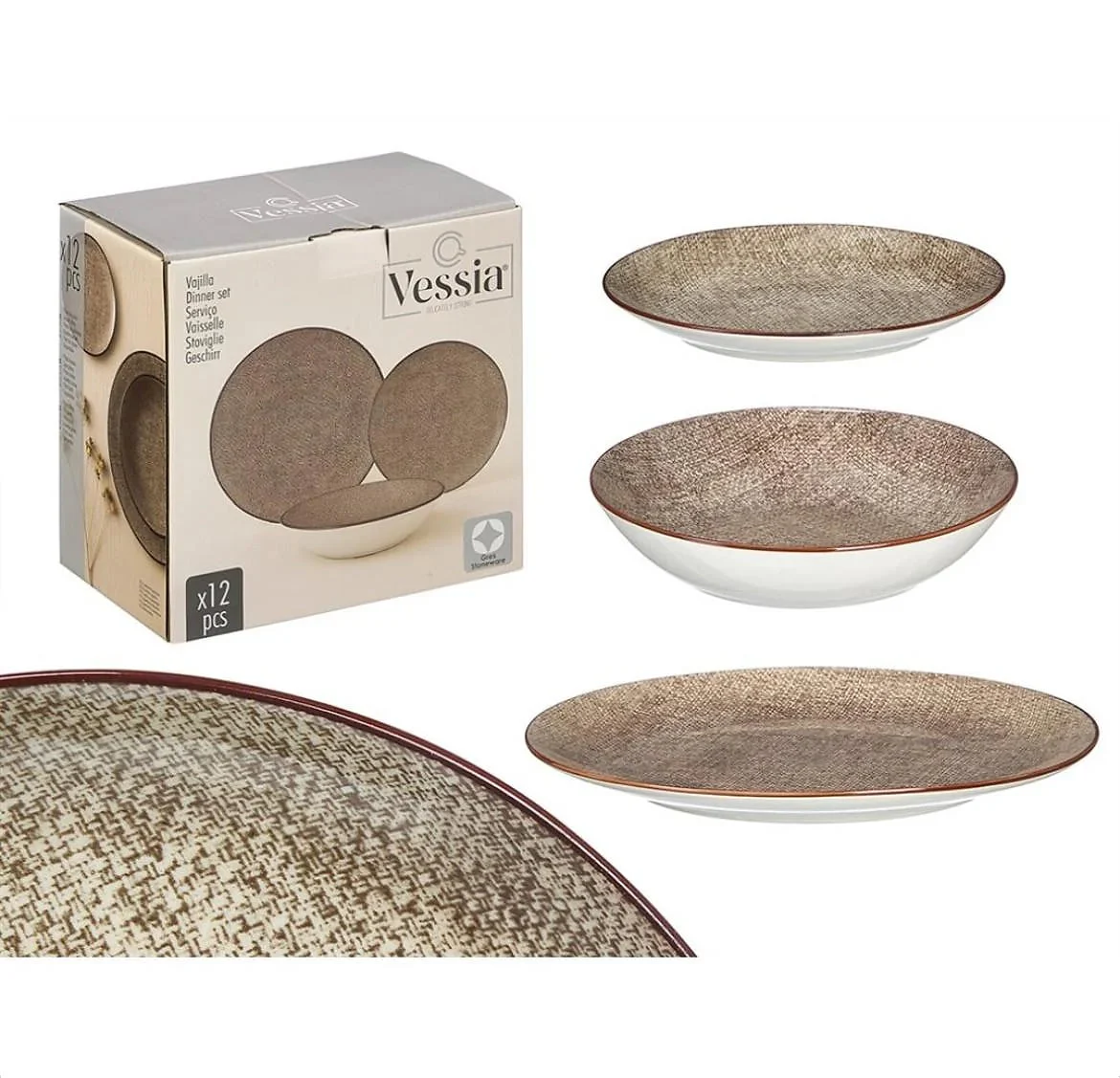 Vajilla 12 Piezas Porcelana Marrón Vessia