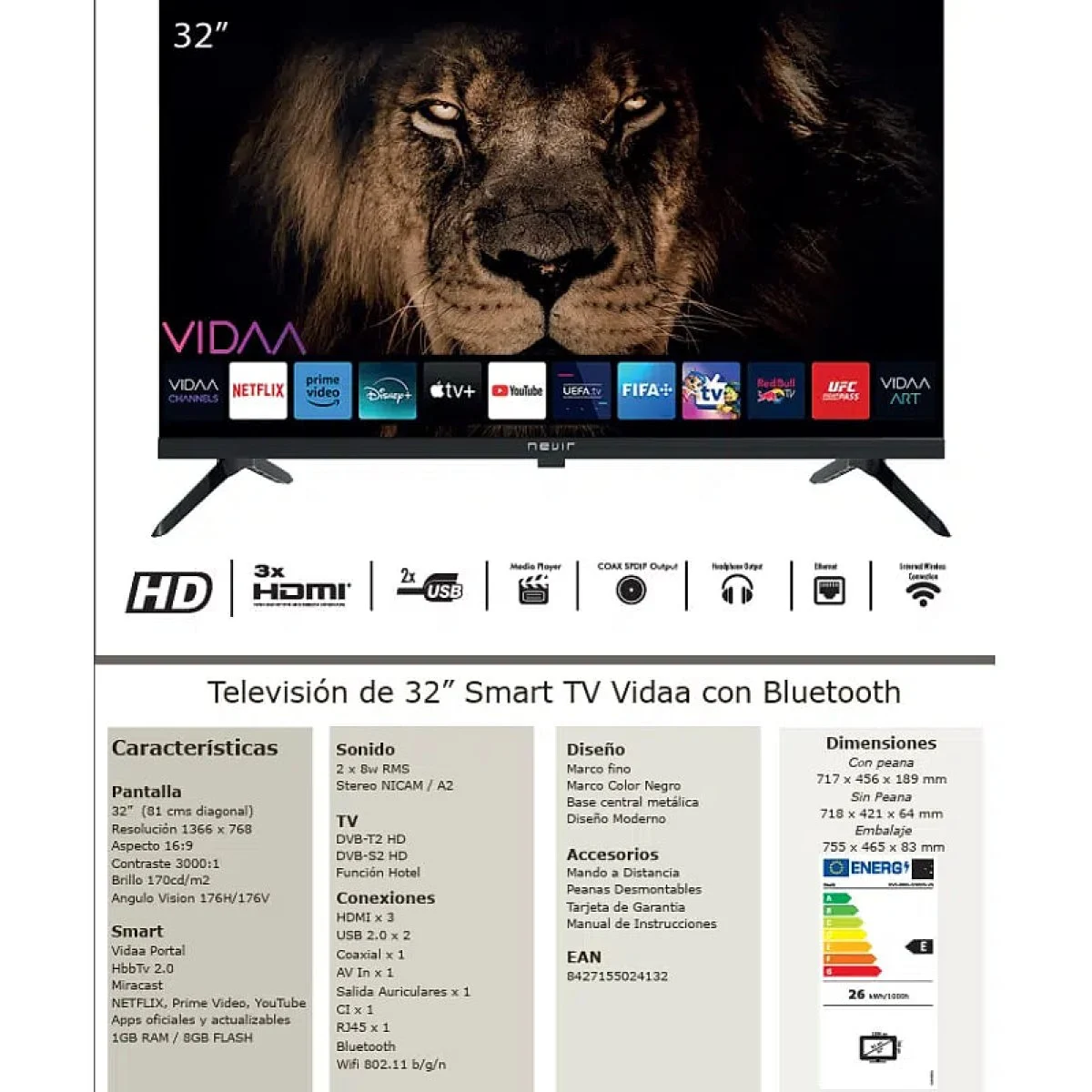 Pantalla LED Nevir NVR-8900-32RD2S-VN 32" Smart TV Bluetooth VIDAA