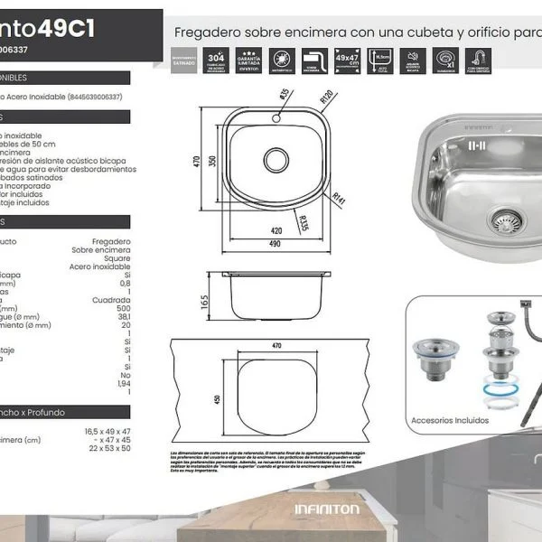 Fregadero Infiniton Belcanto49C1 49 cm Cuadrado Acero Inox Satinado