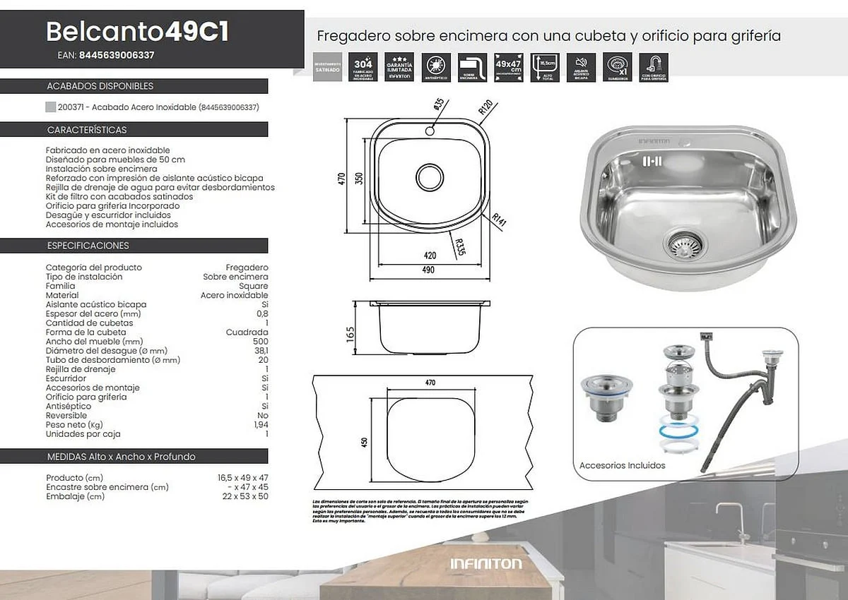 Fregadero Infiniton Belcanto49C1 49 cm Cuadrado Acero Inox Satinado