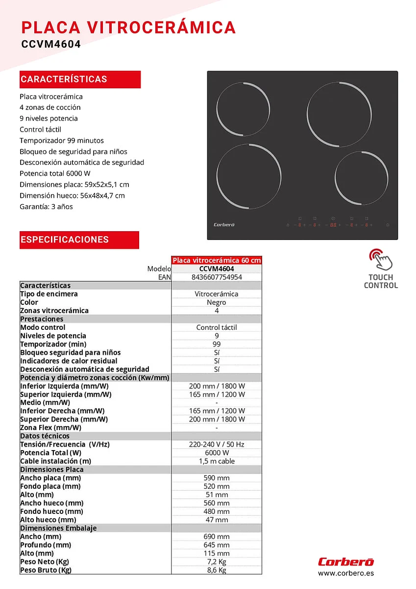 Vitrocerámica Corbero CCVM4604 4 Fuegos 6000W Control Táctil