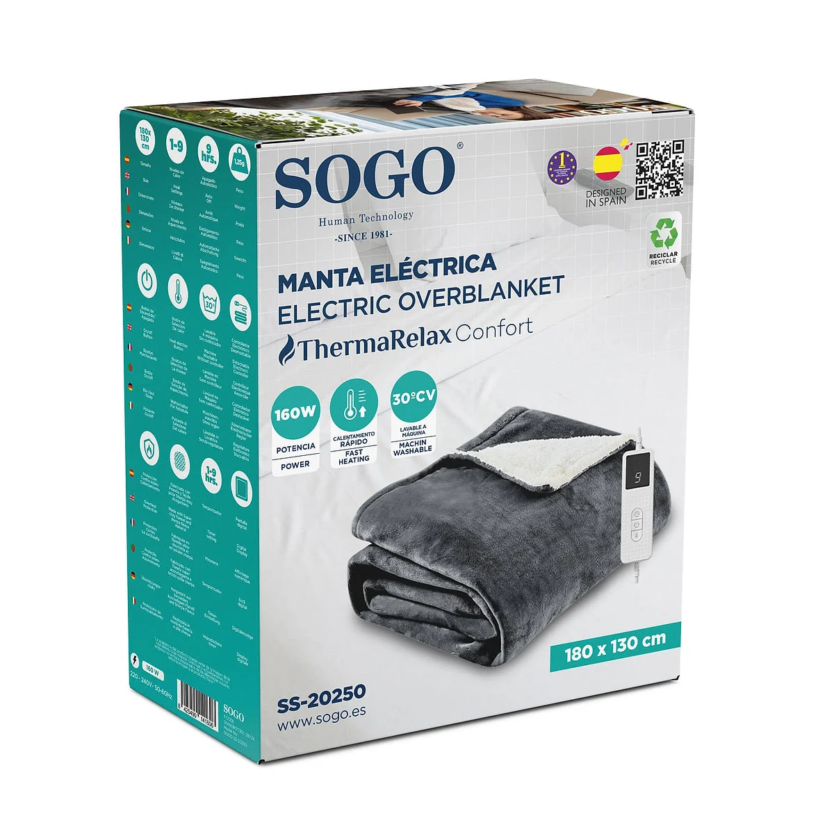 Manta eléctrica Sogo SS20250 180x130 cm 160 W Gris