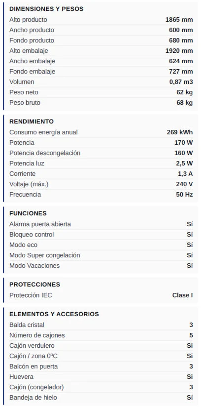 Frigorífico Uro 186X60 Clase E Inox NF Cajón 0º