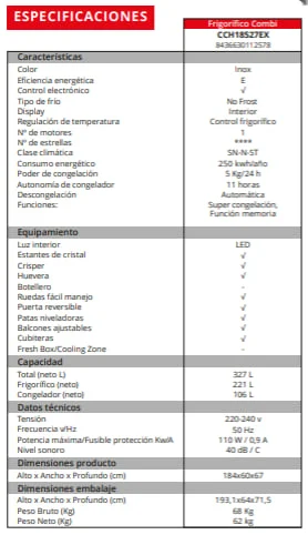 Frigorífico Corbero NF186X60 Clase E Inox