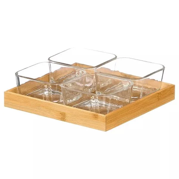 Set Aperitivos Kinvara Bandeja Bambú 4 Bols Vidrio