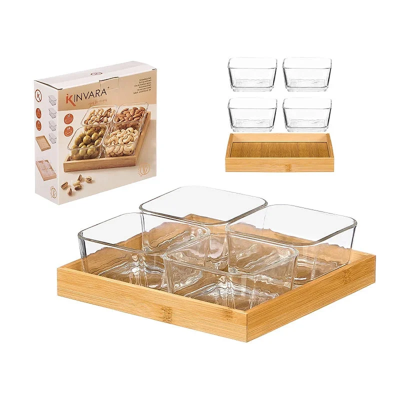 Set Aperitivos Kinvara Bandeja Bambú 4 Bols Vidrio