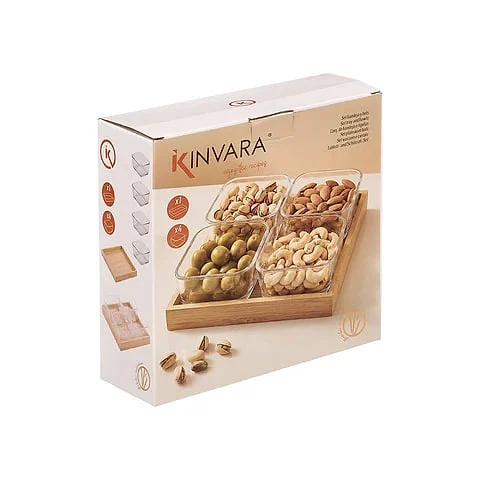 Set Aperitivos Kinvara Bandeja Bambú 4 Bols Vidrio