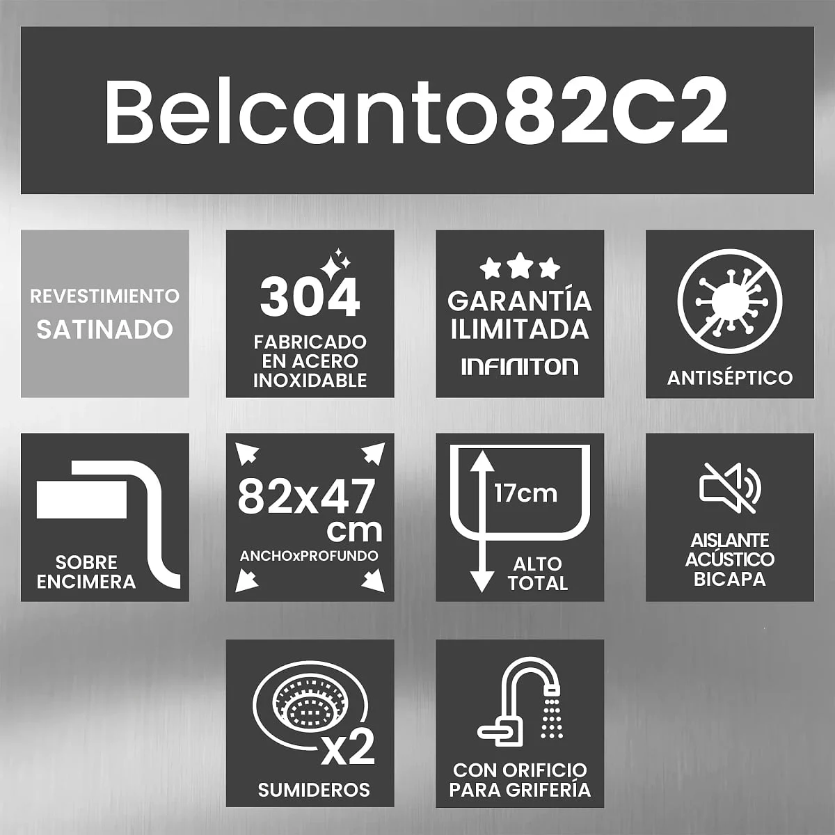Fregadero Infiniton Belcanto82C2 2 Senos Cuadrados Inox
